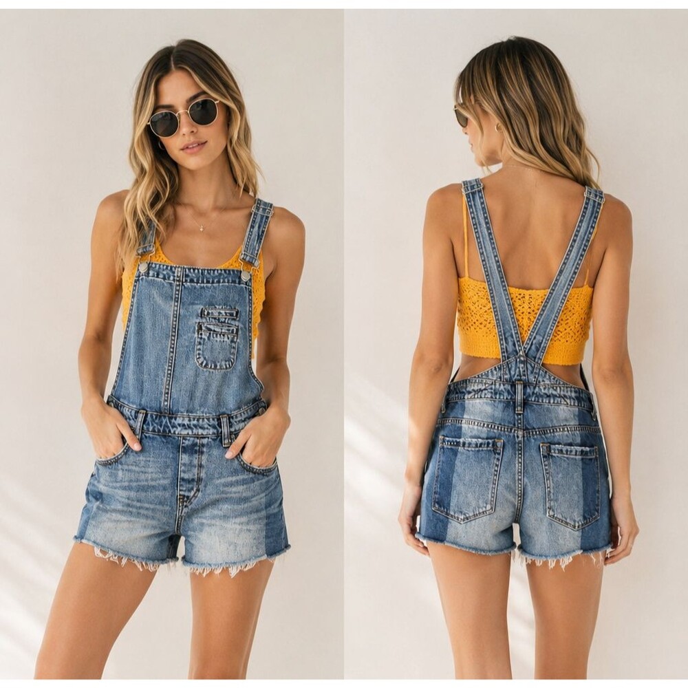 Blank NYC Distressed Denim Shortalls Two Tone Raw Hem Overalls Y2K Festival 26